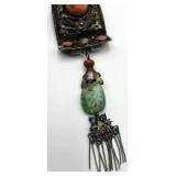 Mongolian Turquoise & Coral Necklace with Large Pendant - 21 in