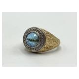 14K Gold Ring with Blue Round Gem - Size 8.5 (Front 0.5 in, Center 0.25 in)