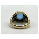 14K Gold Ring with Blue Round Gem - Size 8.5 (Front 0.5 in, Center 0.25 in)