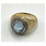 14K Gold Ring with Blue Round Gem - Size 8.5 (Front 0.5 in, Center 0.25 in)
