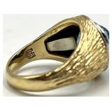14K Gold Ring with Blue Round Gem - Size 8.5 (Front 0.5 in, Center 0.25 in)