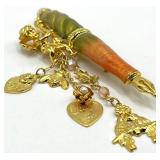 Cupid Charm Quill Brooch Pin - Green-Orange Resin Quill with Dangling Charms