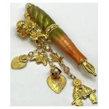 Cupid Charm Quill Brooch Pin - Green-Orange Resin Quill with Dangling Charms