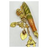 Cupid Charm Quill Brooch Pin - Green-Orange Resin Quill with Dangling Charms
