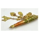 Cupid Charm Quill Brooch Pin - Green-Orange Resin Quill with Dangling Charms