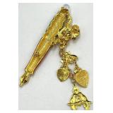 Cupid Charm Quill Brooch Pin - Green-Orange Resin Quill with Dangling Charms