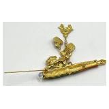 Cupid Charm Quill Brooch Pin - Green-Orange Resin Quill with Dangling Charms