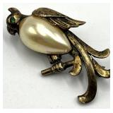 Parrot Brooch Pin - Gold-Tone with Pearl Body, Green Eye Gem, 1.75 x 1 x 0.75 in