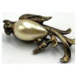 Parrot Brooch Pin - Gold-Tone with Pearl Body, Green Eye Gem, 1.75 x 1 x 0.75 in