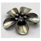 Sterling Silver Flower Brooch Pin - 1.75 in Diameter