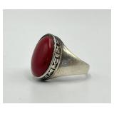 Sterling Silver Red Coral Ring - Cabochon 0.75 x 0.50 in - Size 8