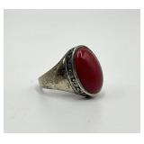 Sterling Silver Red Coral Ring - Cabochon 0.75 x 0.50 in - Size 8