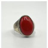 Sterling Silver Red Coral Ring - Cabochon 0.75 x 0.50 in - Size 8