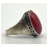 Sterling Silver Red Coral Ring - Cabochon 0.75 x 0.50 in - Size 8