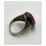 Sterling Silver Red Coral Ring - Cabochon 0.75 x 0.50 in - Size 8