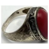 Sterling Silver Red Coral Ring - Cabochon 0.75 x 0.50 in - Size 8
