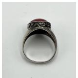 Sterling Silver Red Coral Ring - Cabochon 0.75 x 0.50 in - Size 8