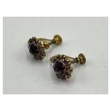 Purple Flower Screw-On Earrings - Gold-Tone with Purple Crystals (Lot of 2) 0.75 in x 0.5 in