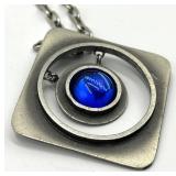 Bent Larsen Pendant Necklace - Denmark, 13.5in Chain, 1.75in Pendant with 1in Blue Gem