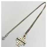 Sterling Silver 925 Jerusalem Cross Pendant Necklace, 12 in Chain, 1 in Pendant