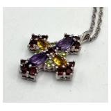 Sterling Silver 9-Inch Cross Pendant Necklace with Multicolor Gemstones (1 x 1 in Pendant)