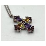 Sterling Silver 9-Inch Cross Pendant Necklace with Multicolor Gemstones (1 x 1 in Pendant)