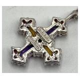 Sterling Silver 9-Inch Cross Pendant Necklace with Multicolor Gemstones (1 x 1 in Pendant)