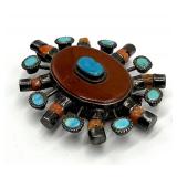 Sterling Silver Coral Turquoise Sunburst Brooch Pendant - 2 x 2.25 x 0.75 in