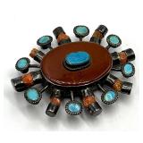 Sterling Silver Coral Turquoise Sunburst Brooch Pendant - 2 x 2.25 x 0.75 in