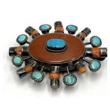 Sterling Silver Coral Turquoise Sunburst Brooch Pendant - 2 x 2.25 x 0.75 in