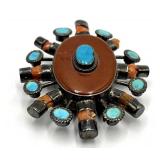 Sterling Silver Coral Turquoise Sunburst Brooch Pendant - 2 x 2.25 x 0.75 in