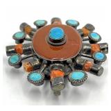 Sterling Silver Coral Turquoise Sunburst Brooch Pendant - 2 x 2.25 x 0.75 in