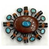 Sterling Silver Coral Turquoise Sunburst Brooch Pendant - 2 x 2.25 x 0.75 in