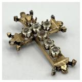 Cross Brooch Pin - Gold Tone Rhinestones, 2 in x 1.5 in, Missing One Gem