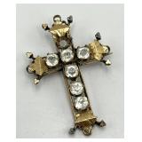 Cross Brooch Pin - Gold Tone Rhinestones, 2 in x 1.5 in, Missing One Gem