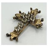Cross Brooch Pin - Gold Tone Rhinestones, 2 in x 1.5 in, Missing One Gem