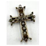 Cross Brooch Pin - Gold Tone Rhinestones, 2 in x 1.5 in, Missing One Gem