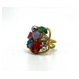 Gemstone Cluster Adjustable Ring - Multicolor Cocktail Ring 1" x .75"