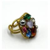 Gemstone Cluster Adjustable Ring - Multicolor Cocktail Ring 1" x .75"