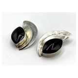 Mexican 925 Sterling Silver Black Onyx Clip-On Earrings - 1.75 x 1 in