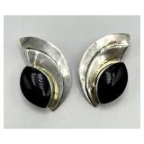 Mexican 925 Sterling Silver Black Onyx Clip-On Earrings - 1.75 x 1 in