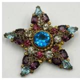 Starburst Gem Brooch - Blue Center Stone, Purple & Teal Crystals, 2in x 2in