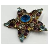Starburst Gem Brooch - Blue Center Stone, Purple & Teal Crystals, 2in x 2in