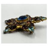 Starburst Gem Brooch - Blue Center Stone, Purple & Teal Crystals, 2in x 2in