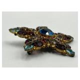 Starburst Gem Brooch - Blue Center Stone, Purple & Teal Crystals, 2in x 2in