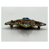 Starburst Gem Brooch - Blue Center Stone, Purple & Teal Crystals, 2in x 2in