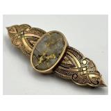 Stone Brooch Pin - Grey Inset with Gold Vein, Ornate Gold-Tone Filigree