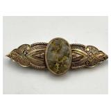 Stone Brooch Pin - Grey Inset with Gold Vein, Ornate Gold-Tone Filigree