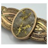 Stone Brooch Pin - Grey Inset with Gold Vein, Ornate Gold-Tone Filigree