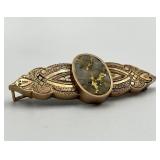 Stone Brooch Pin - Grey Inset with Gold Vein, Ornate Gold-Tone Filigree